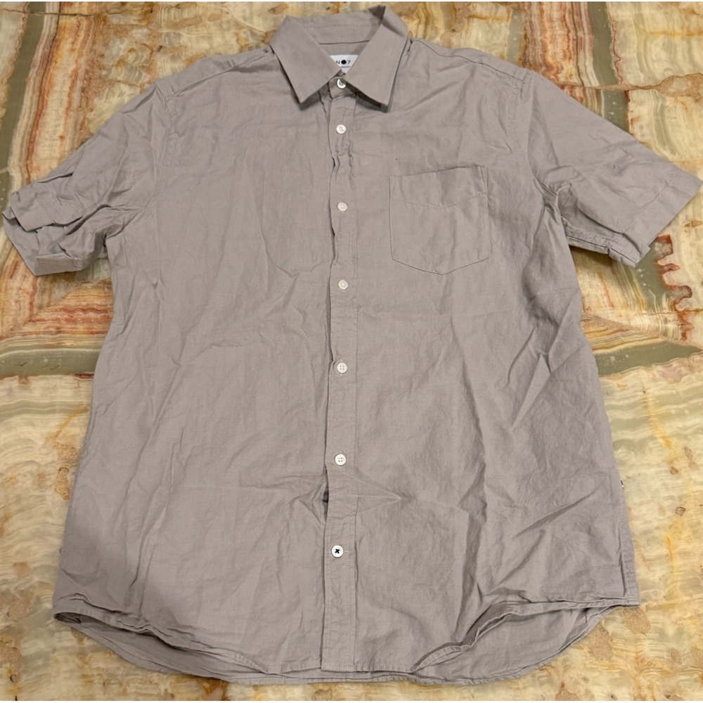 NN07 No Nationality Mens Button-Up Shirt Gray Cotton Short Sleeve Large